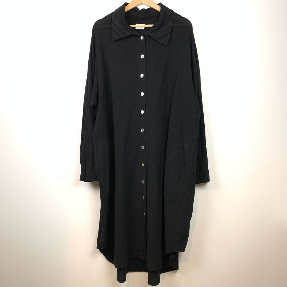 Oh My Gauze Maxi Dress MOP Buttons Black Sz XXL (3) Long Sleeve Cotton Lagenlook